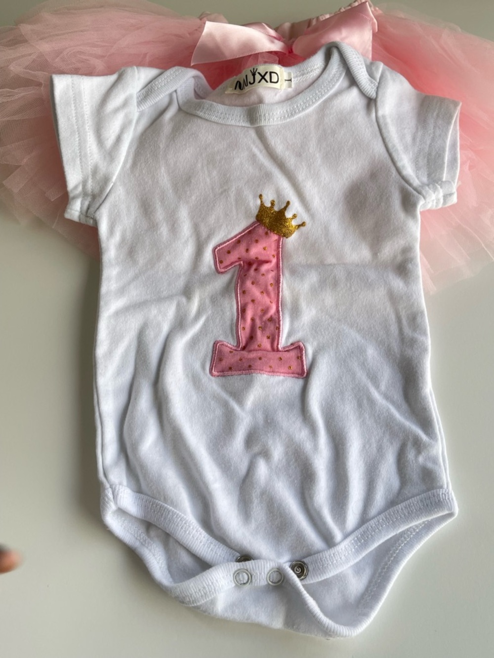White Baby Onesie with Pink '1' and Gold Crown